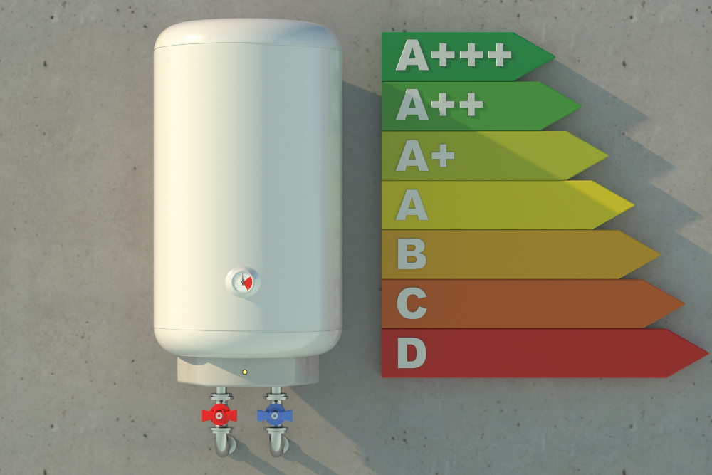 Water heater beside an efficiency rating chart highlighting water heater energy efficiency levels.